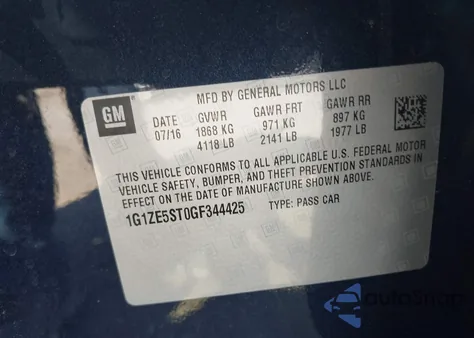 2016 Chevrolet Malibu 1Lt from USA, damaged, VIN 1G1ZE5ST0GF344425